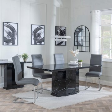 Naples dining set - 6 seater - 160cm - black marble - roma dining chairs - grey faux leather