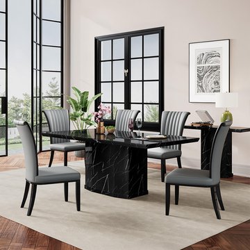 Naples dining set - 6 seater - 160cm - black marble - cadiz dining chairs - grey leather