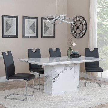 Naples dining set - 6 seater - 160cm - white marble - bianco dining chairs - black faux leather