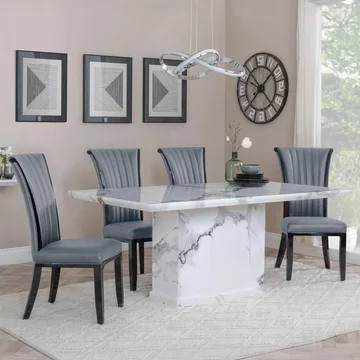 Naples dining set - 6 seater - 160cm - white marble - cadiz dining chairs - grey leather