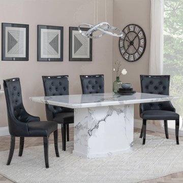 Naples dining set - 6 seater - 160cm - white marble - carmela dining chairs - black leather