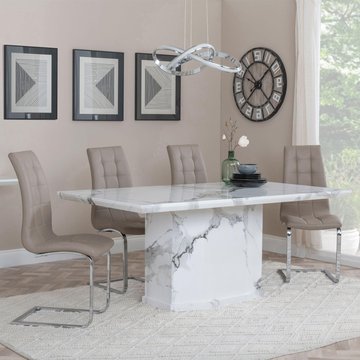 Naples dining set - 6 seater - 160cm - white marble - jamison dining chairs - beige faux leather