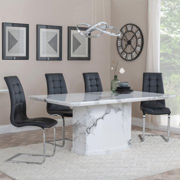 Naples dining set - 6 seater - 160cm - white marble - jamison dining chairs - black faux leather