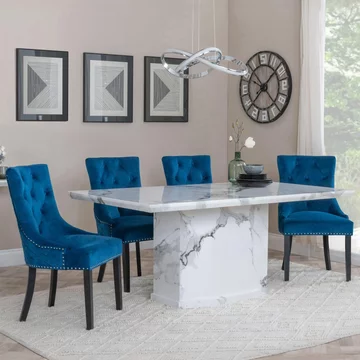 Naples dining set - 6 seater - 160cm - white marble - lion knocker back dining chairs - blue velvet fabric - black wooden legs