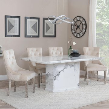 Naples dining set - 6 seater - 160cm - white marble - lion knocker back dining chairs - champagne velvet fabric - chrome legs
