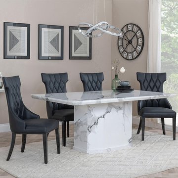 Naples dining set - 6 seater - 160cm - white marble - mimi dining chairs - black leather