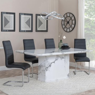 Naples dining set - 6 seater - 160cm - white marble - roma dining chairs - black faux leather