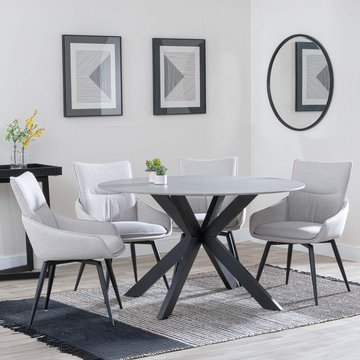 Novara dining set - 4 seater - 130cm - round - grey ceramic - 4x ace dining chairs - beige fabric - swivel