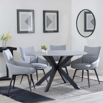 Novara dining set - 4 seater - 130cm - round - grey ceramic - 4x ace dining chairs - grey fabric - swivel