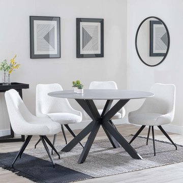 Novara dining set - 4 seater - 130cm - round - grey ceramic - 4x arctic dining chairs - cream velvet fabric - swivel