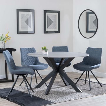 Novara dining set - 4 seater - 130cm - round - grey ceramic - 4x boden dining chairs - dark grey fabric - swivel