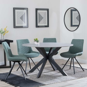 Novara dining set - 4 seater - 130cm - round - grey ceramic - 4x boden dining chairs - green fabric - swivel