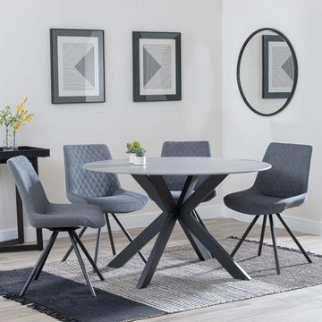 Novara dining set - 4 seater - 130cm - round - grey ceramic - 4x boden dining chairs - grey fabric - swivel