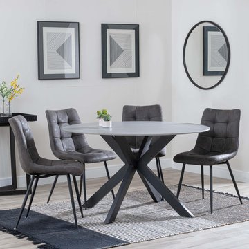 Novara dining set - 4 seater - 130cm - round - grey ceramic - 4x corona dining chairs - grey fabric