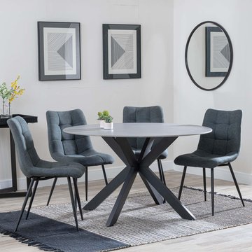 Novara dining set - 4 seater - 130cm - round - grey ceramic - 4x corona dining chairs - light grey fabric