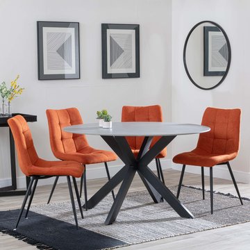 Novara dining set - 4 seater - 130cm - round - grey ceramic - 4x corona dining chairs - orange fabric