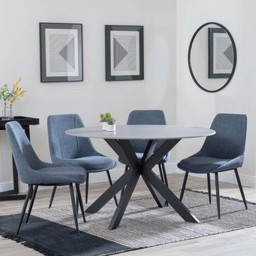 Novara dining set - 4 seater - 130cm - round - grey ceramic - 4x darwin dining chairs - dark grey fabric