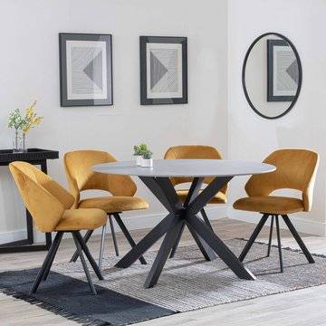 Novara dining set - 4 seater - 130cm - round - grey ceramic - 4x ion dining chairs - mustard velvet fabric - swivel