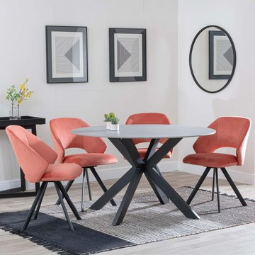 Novara dining set - 4 seater - 130cm - round - grey ceramic - 4x ion dining chairs - orange velvet fabric - swivel