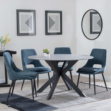 Novara dining set - 4 seater - 130cm - round - grey ceramic - 4x peyton dining chairs - blue fabric