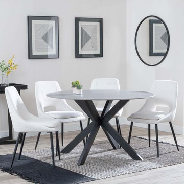 Novara dining set - 4 seater - 130cm - round - grey ceramic - 4x peyton dining chairs - cream fabric