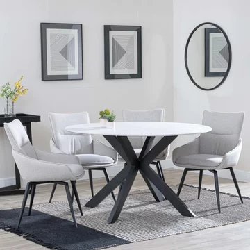 Novara dining set - 4 seater - 130cm - round - white ceramic - 4x ace dining chairs - beige fabric - swivel