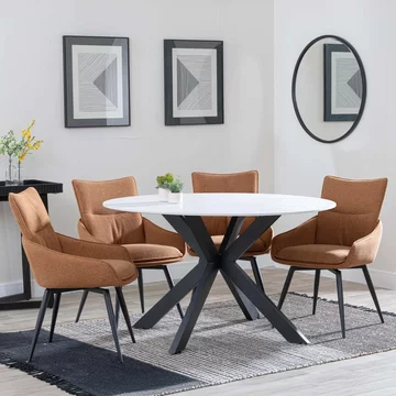 Novara dining set - 4 seater - 130cm - round - white ceramic - 4x ace dining chairs - orange fabric - swivel