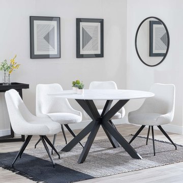 Novara dining set - 4 seater - 130cm - round - white ceramic - 4x arctic dining chairs - cream velvet fabric - swivel