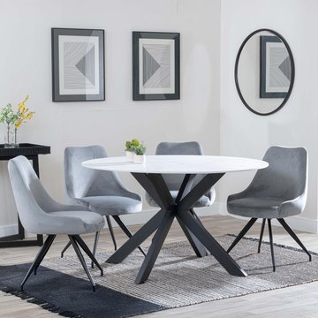 Novara dining set - 4 seater - 130cm - round - white ceramic - 4x arctic dining chairs - grey velvet fabric - swivel