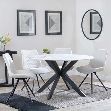 Novara dining set - 4 seater - 130cm - round - white ceramic - 4x boden dining chairs - cream fabric - swivel
