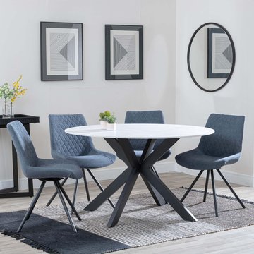 Novara dining set - 4 seater - 130cm - round - white ceramic - 4x boden dining chairs - dark grey fabric - swivel