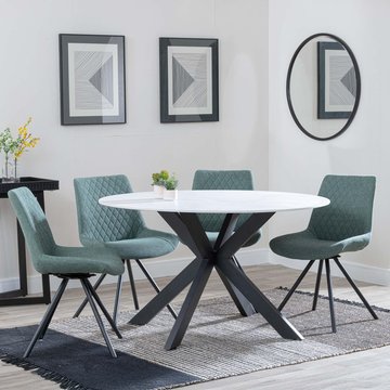 Novara dining set - 4 seater - 130cm - round - white ceramic - 4x boden dining chairs - green fabric - swivel