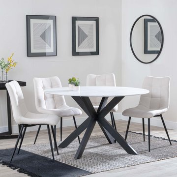 Novara dining set - 4 seater - 130cm - round - white ceramic - 4x corona dining chairs - beige fabric