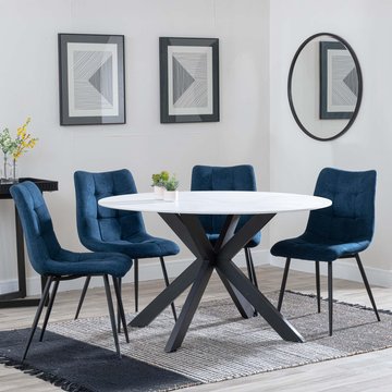 Novara dining set - 4 seater - 130cm - round - white ceramic - 4x corona dining chairs - blue fabric