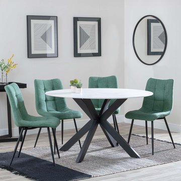 Novara dining set - 4 seater - 130cm - round - white ceramic - 4x corona dining chairs - green fabric