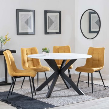 Novara dining set - 4 seater - 130cm - round - white ceramic - 4x corona dining chairs - yellow fabric