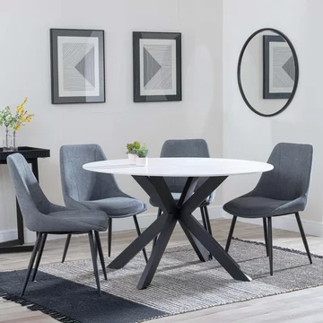 Novara dining set - 4 seater - 130cm - round - white ceramic - 4x darwin dining chairs - grey fabric