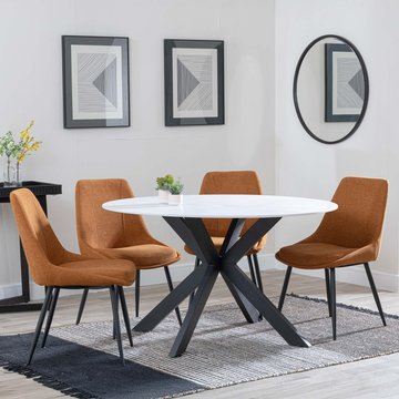 Novara dining set - 4 seater - 130cm - round - white ceramic - 4x darwin dining chairs - orange fabric