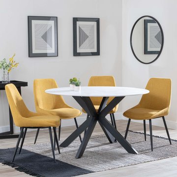 Novara dining set - 4 seater - 130cm - round - white ceramic - 4x darwin dining chairs - yellow fabric