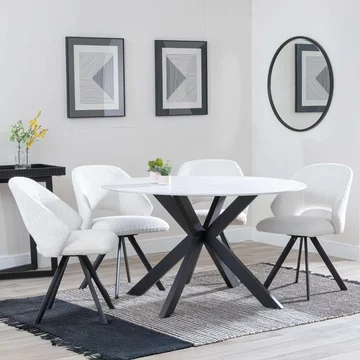 Novara dining set - 4 seater - 130cm - round - white ceramic - 4x ion dining chairs - cream boucle teddy fabric - swivel