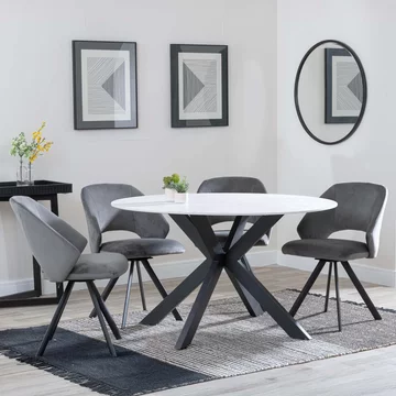 Novara dining set - 4 seater - 130cm - round - white ceramic - 4x ion dining chairs - dark grey velvet fabric - swivel