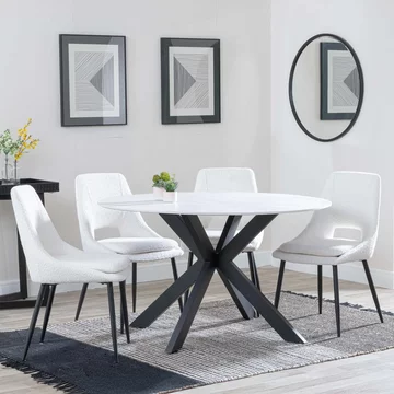 Novara dining set - 4 seater - 130cm - round - white ceramic - 4x peyton dining chairs - cream fabric