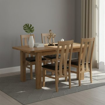 Original extending dining set - 4-6 seater - 120cm-153cm - rustic oak - 4 arizona slatted chair with dark brown faux leather seat pad