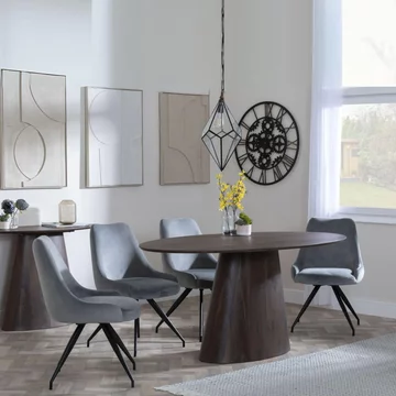 Palma dining set - 6 seater - 180cm - oval - walnut - arctic dining chairs - grey velvet fabric - swivel