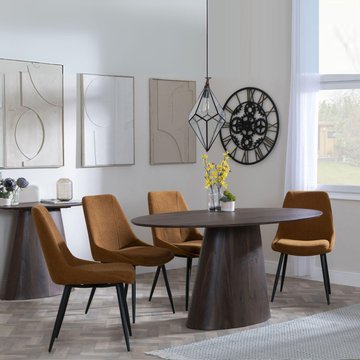 Palma dining set - 6 seater - 180cm - oval - walnut - darwin dining chairs - orange fabric