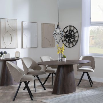 Palma dining set - 6 seater - 180cm - oval - walnut - ion dining chairs - beige velvet fabric - swivel
