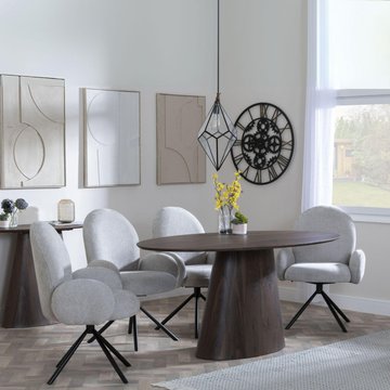 Palma dining set - 6 seater - 180cm - oval - walnut - theo dining chairs - grey fabric - swivel