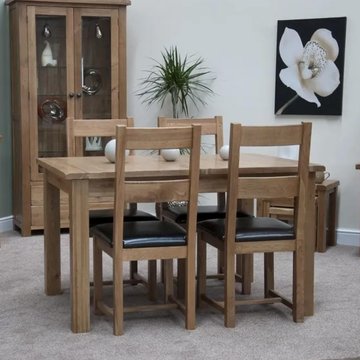 Rustic oak extending dining set - 132cm-198cm - 4-8 seater - 4 rustic leather seat chairs - oak
