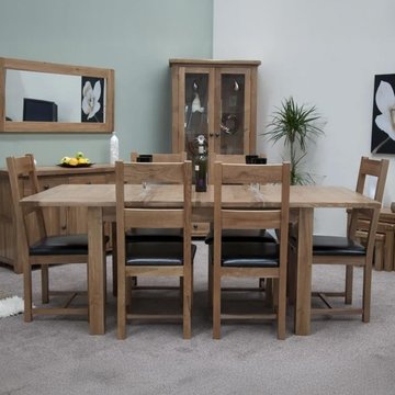 Rustic oak extending dining set - 132cm-198cm - 4-8 seater - 6 rustic leather seat chairs - oak