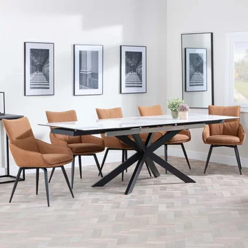 Sutton extending dining set - 6-8 seater - 140cm-200cm - white ceramic - ace dining chairs - orange fabric - swivel